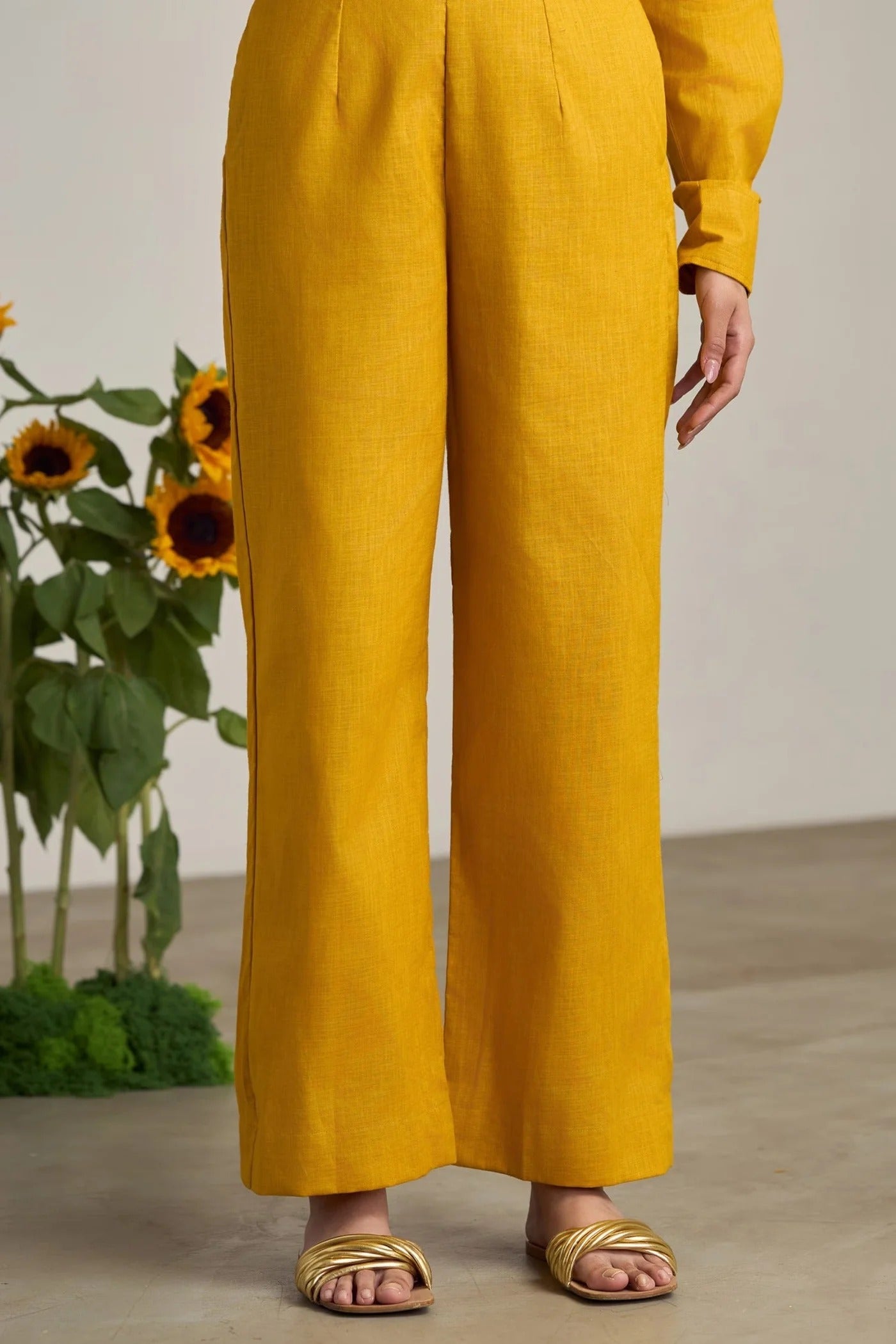 Mustard Cotton, Linen Embroidery Collared Pant Set