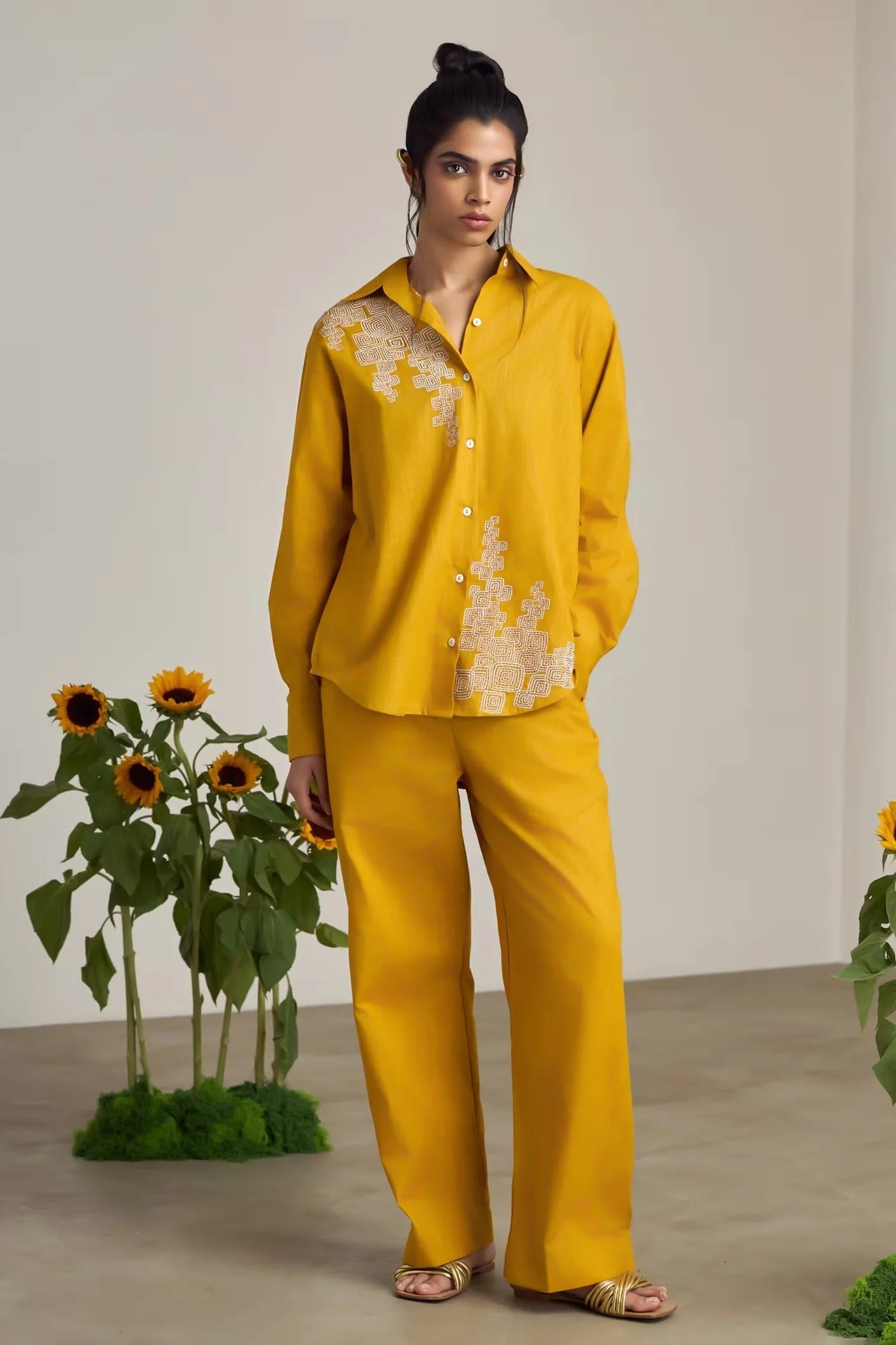 Mustard Cotton, Linen Embroidery Collared Pant Set