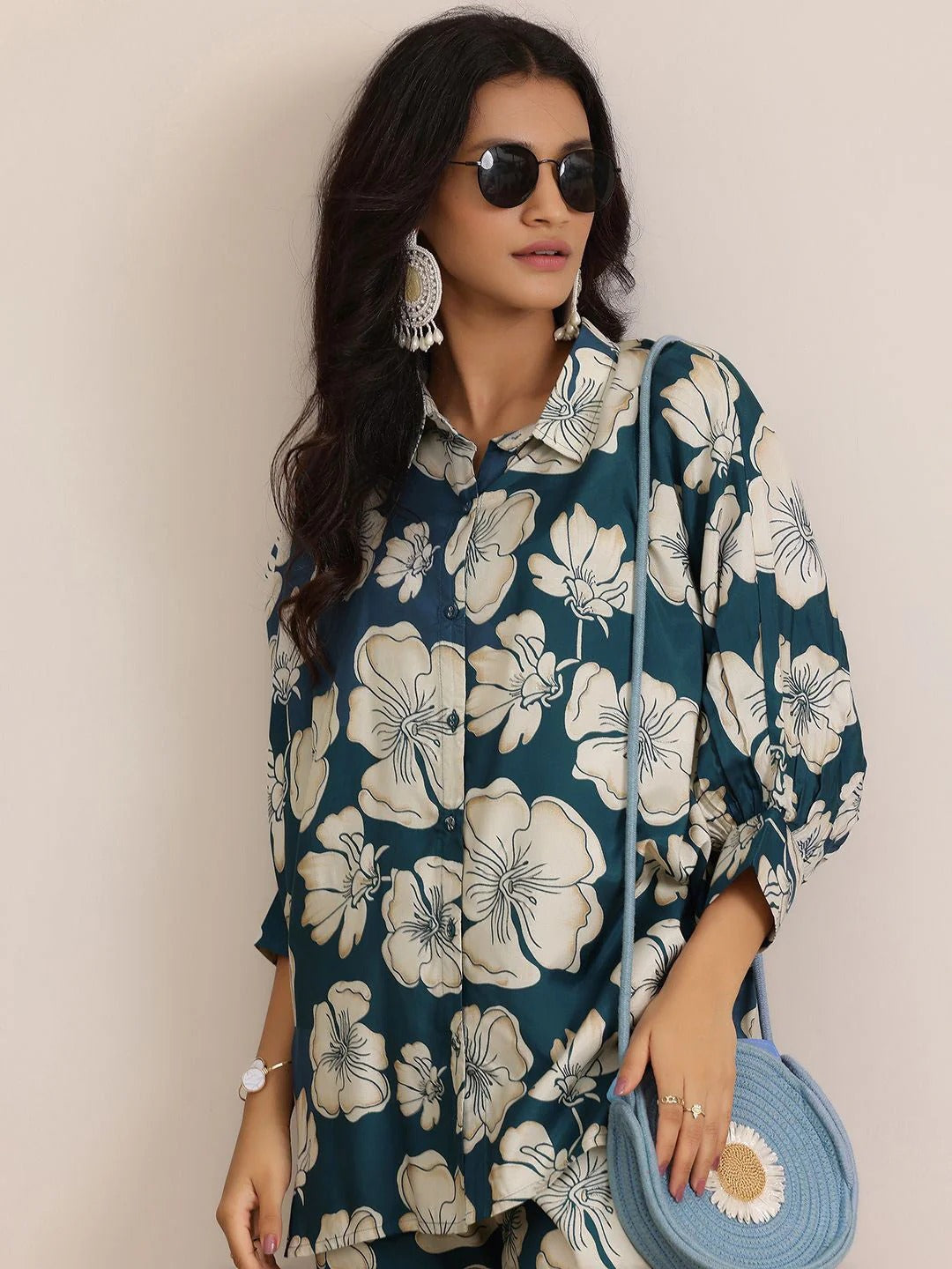 Floral Printed Kimono Sleeves Shirt With Trousers