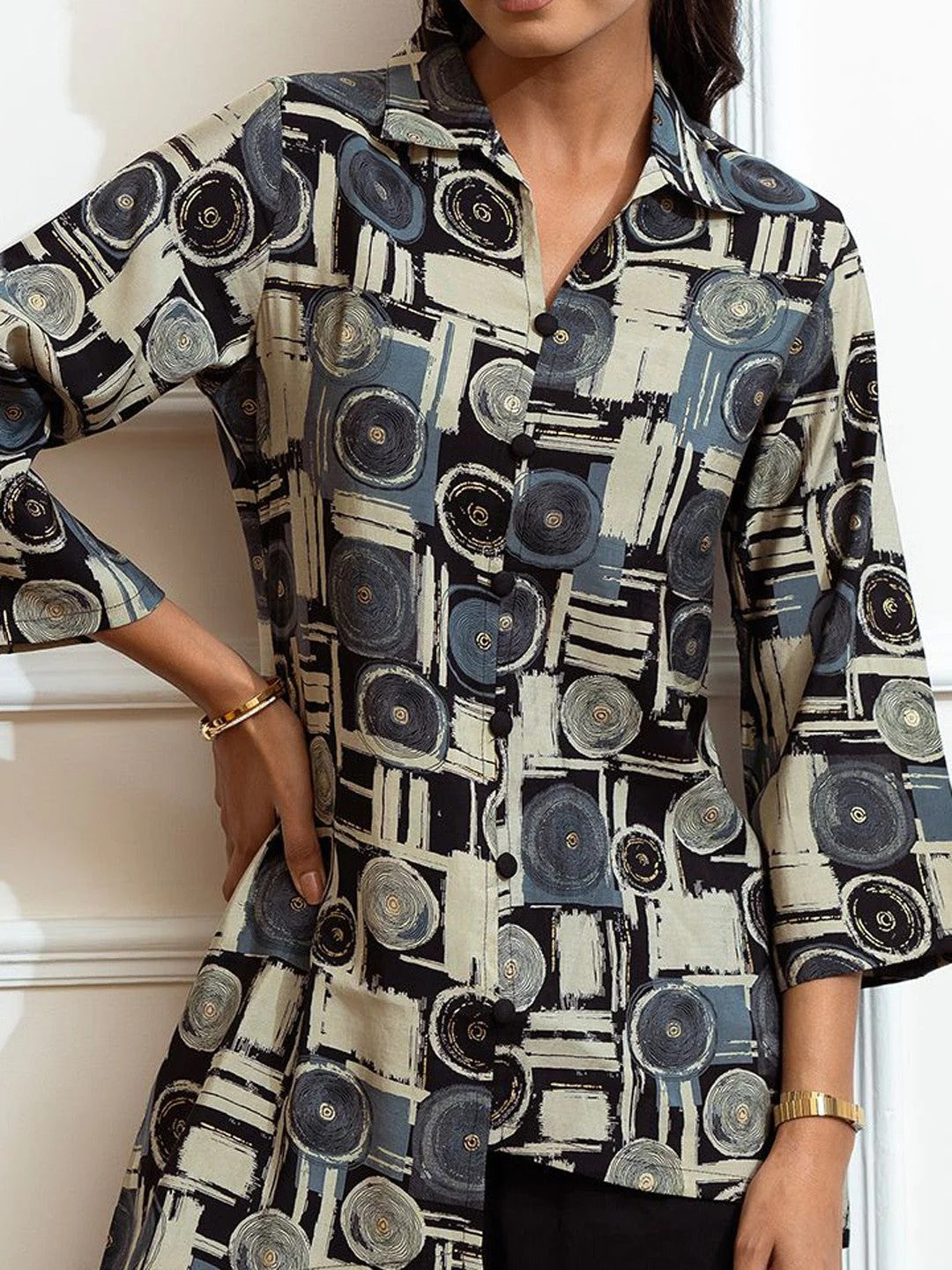 Black Geometric Printed Shirt Collar Tunic With Palazzo