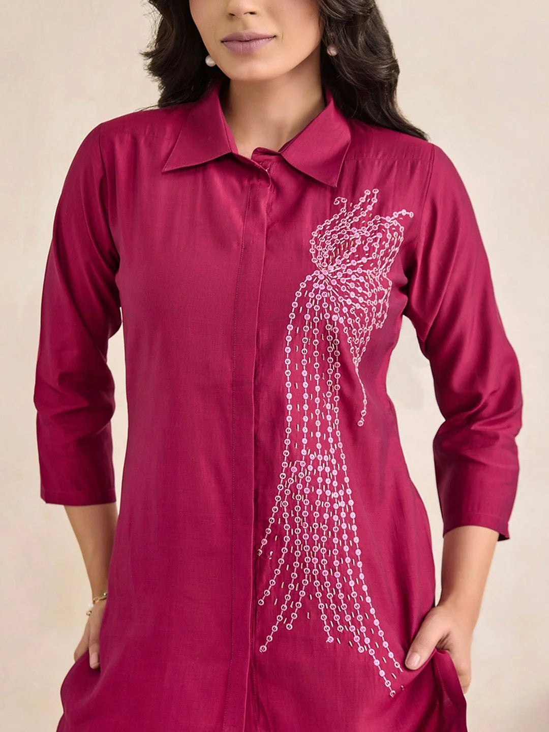 Moh Collection Plus Size Embroidered Shirt Collar Tunic With Trousers Co-Ords