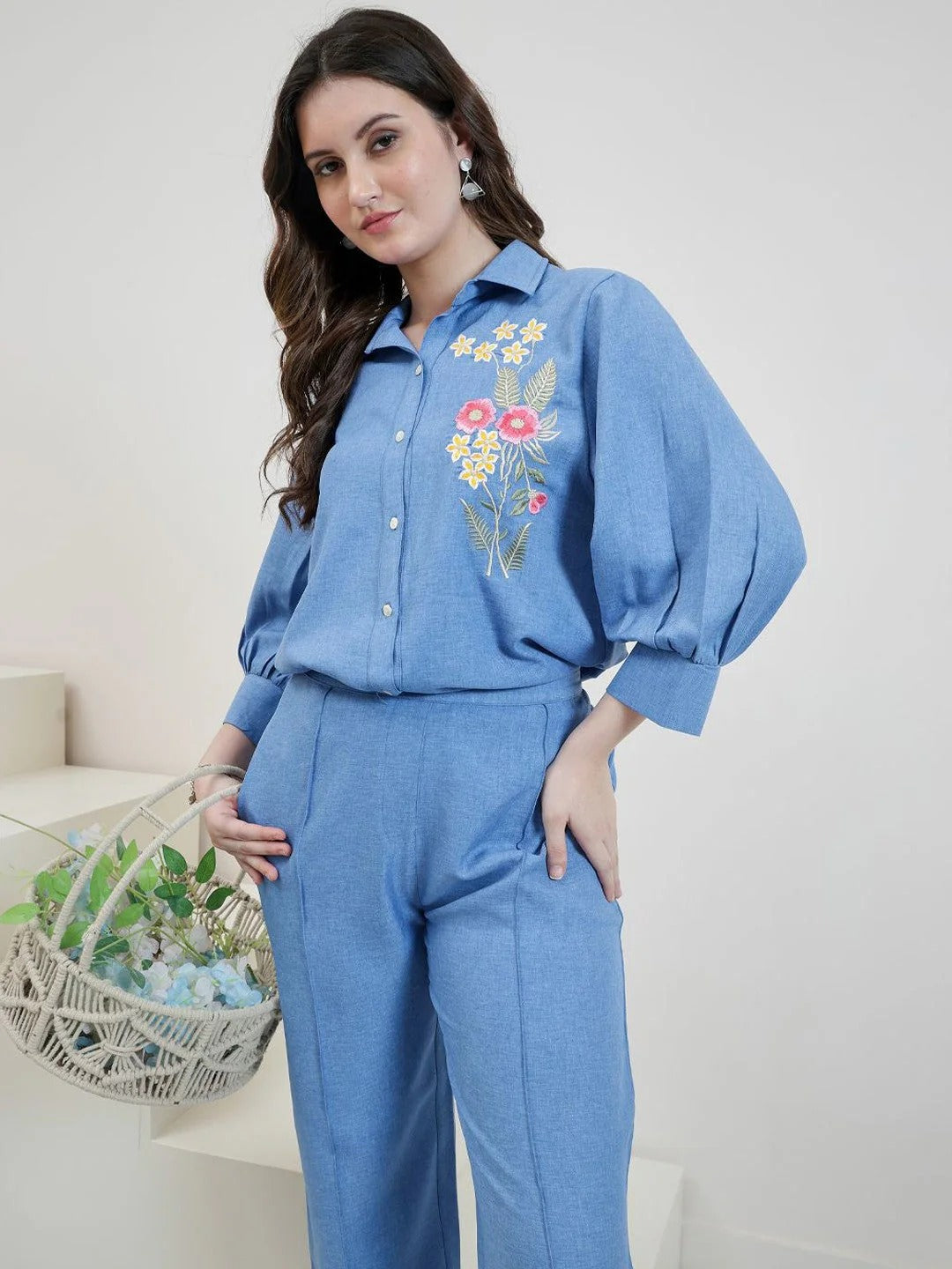 Embroidered Linen Shirt With Trousers