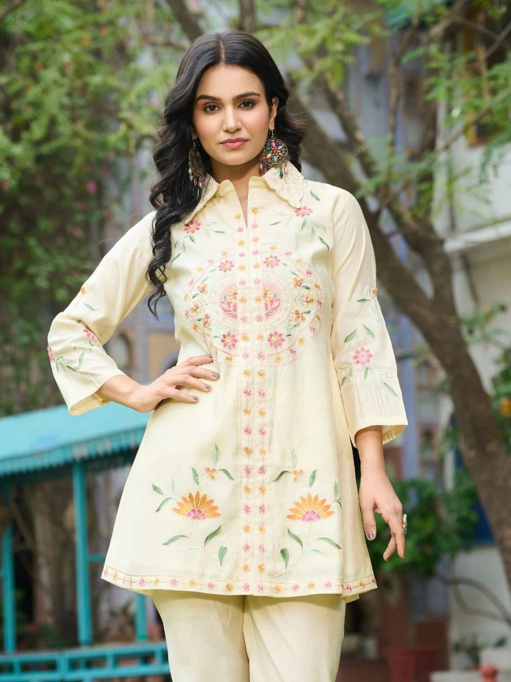 Embroidered Cream Co-Ord Set In Roman Silk