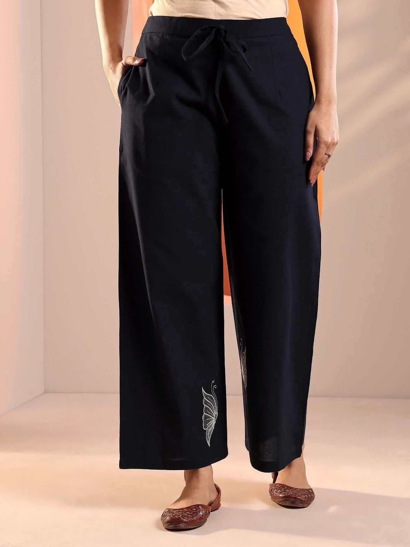 Navy Floral Embroidered Tunic with Floral Hem Embroidered Trouser