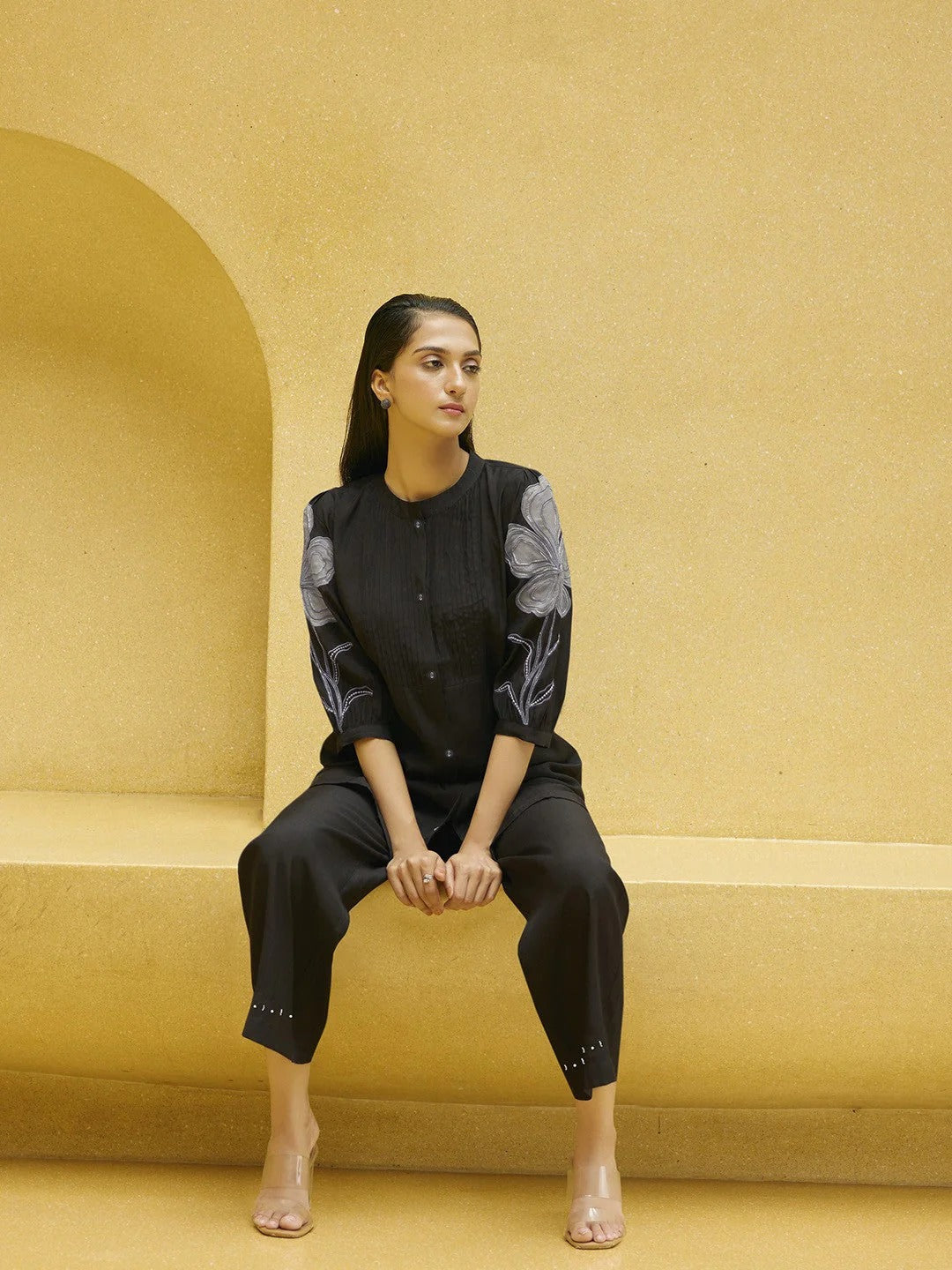 Floral Embroidered Pintucks Band Collar Top And Trouser