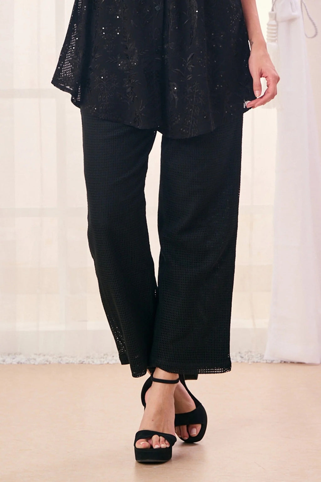 Black Silk Cotton Blend Embroidered Safari Collar Shirt And Pant Set