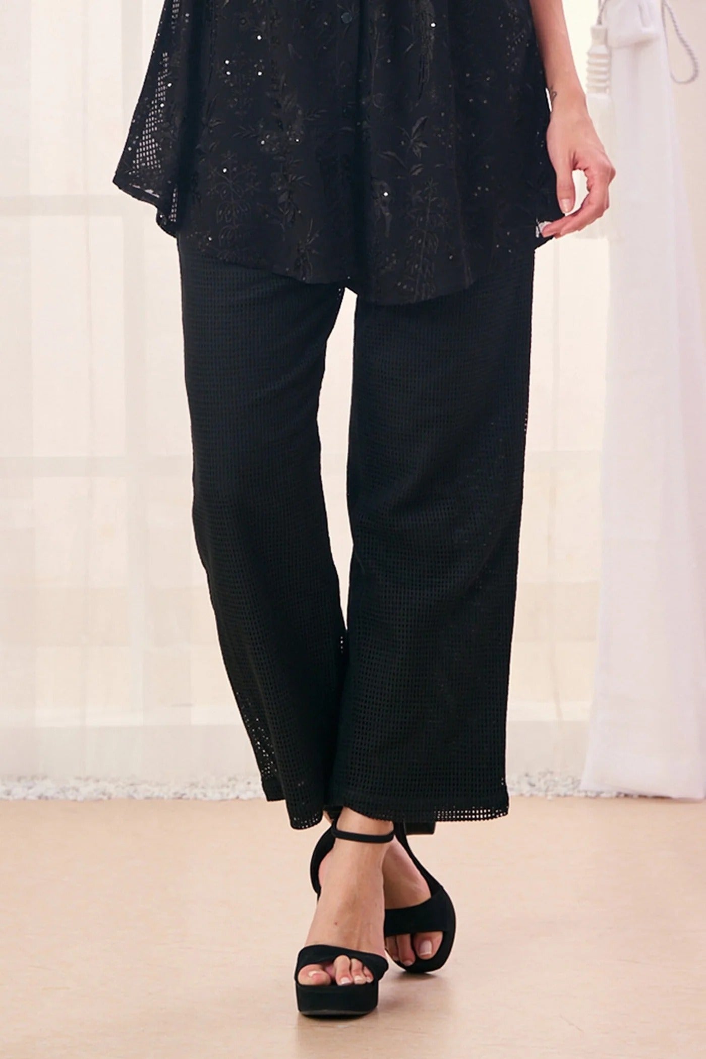 Black Silk Cotton Blend Embroidered Safari Collar Shirt And Pant Set