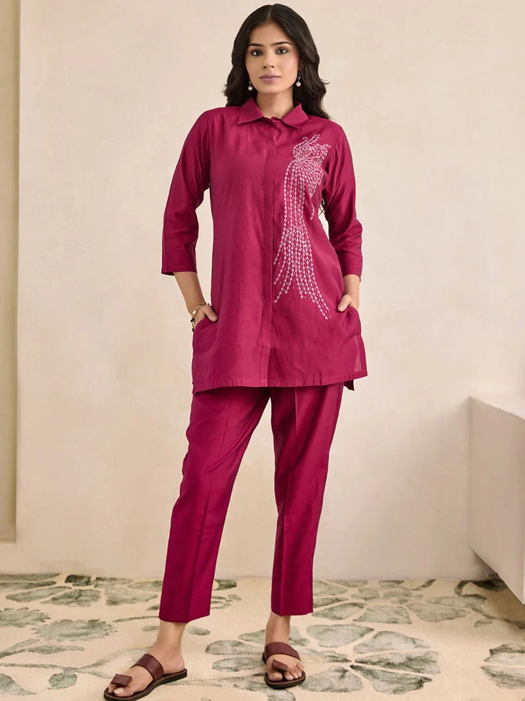 Moh Collection Plus Size Embroidered Shirt Collar Tunic With Trousers Co-Ords