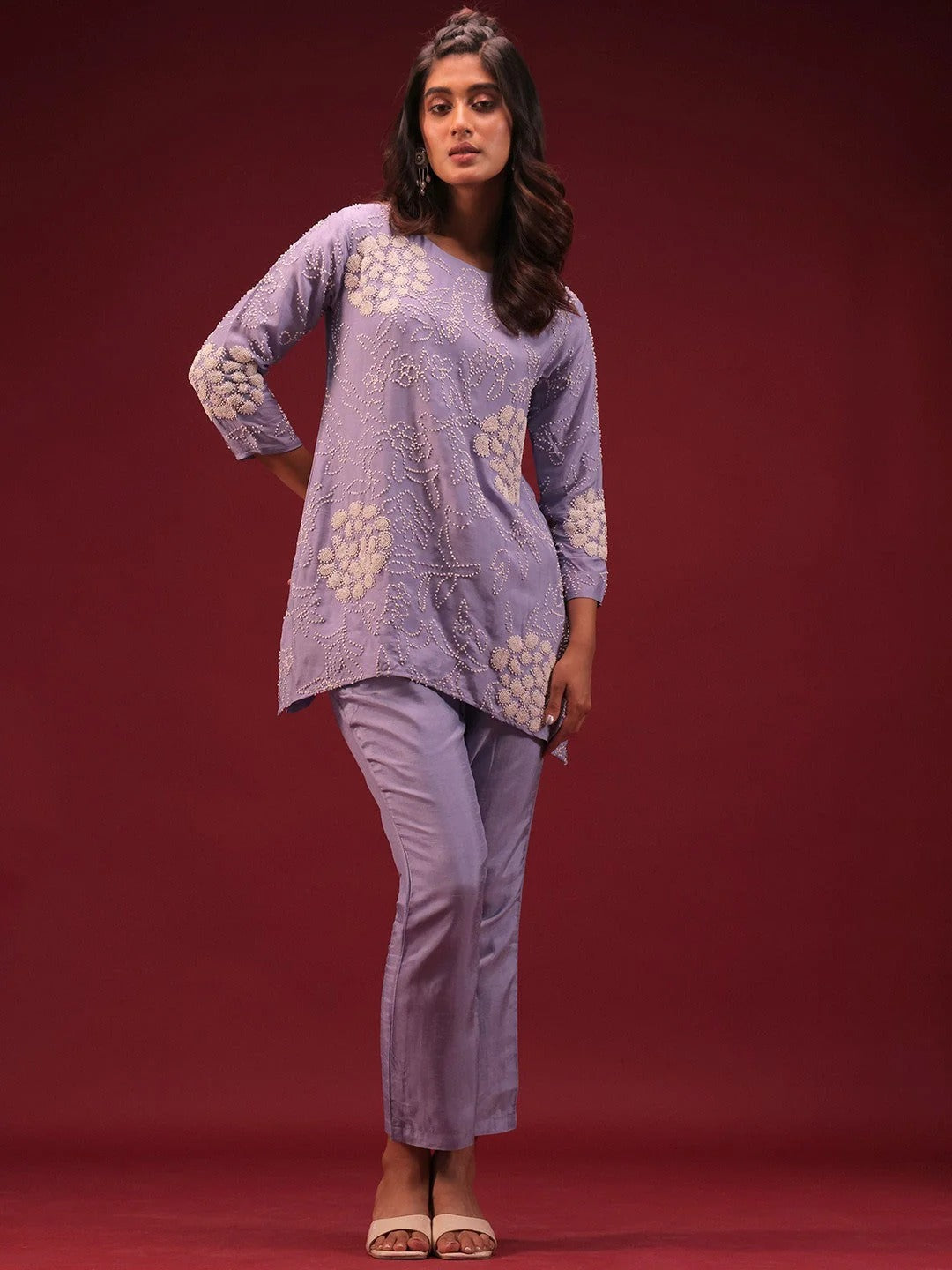 Embroidered Round Neck Top with Trousers Co-Ords