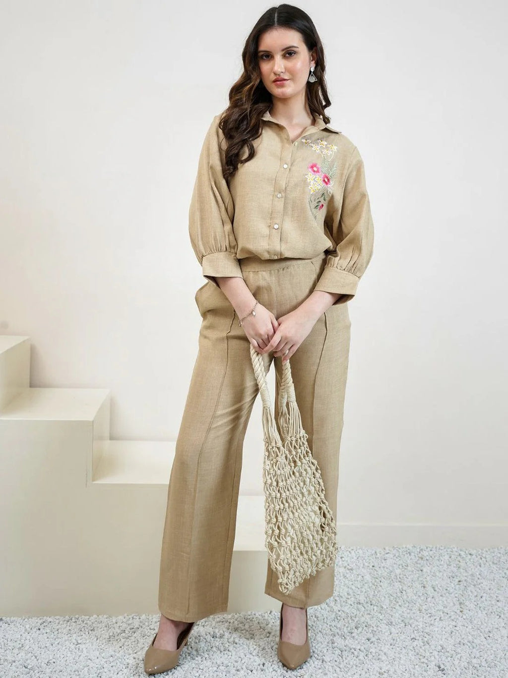 Embroidered Linen Shirt With Trousers