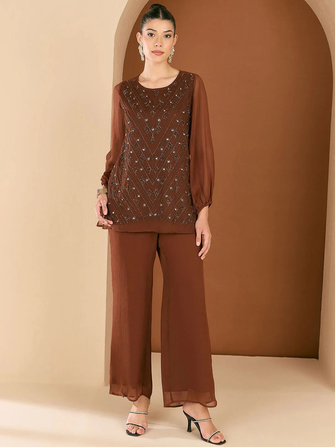 Embellished Round Neck Top & Trousers Co-Ords