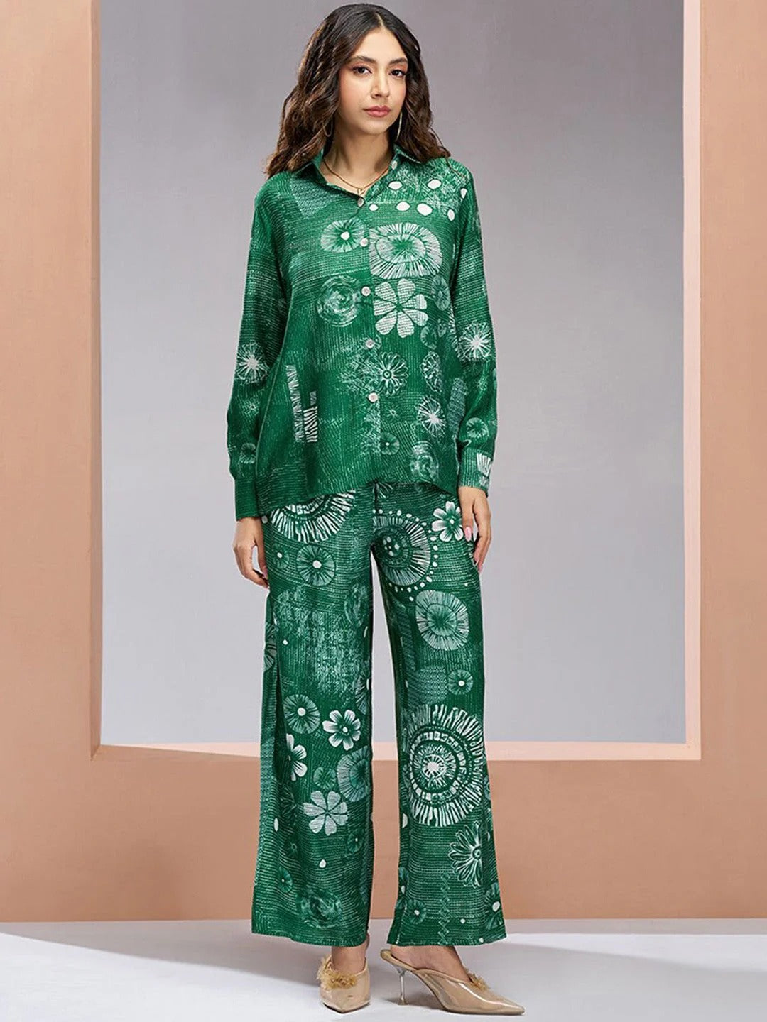 Floral Printed Shirt Collar Shirt With Trousers