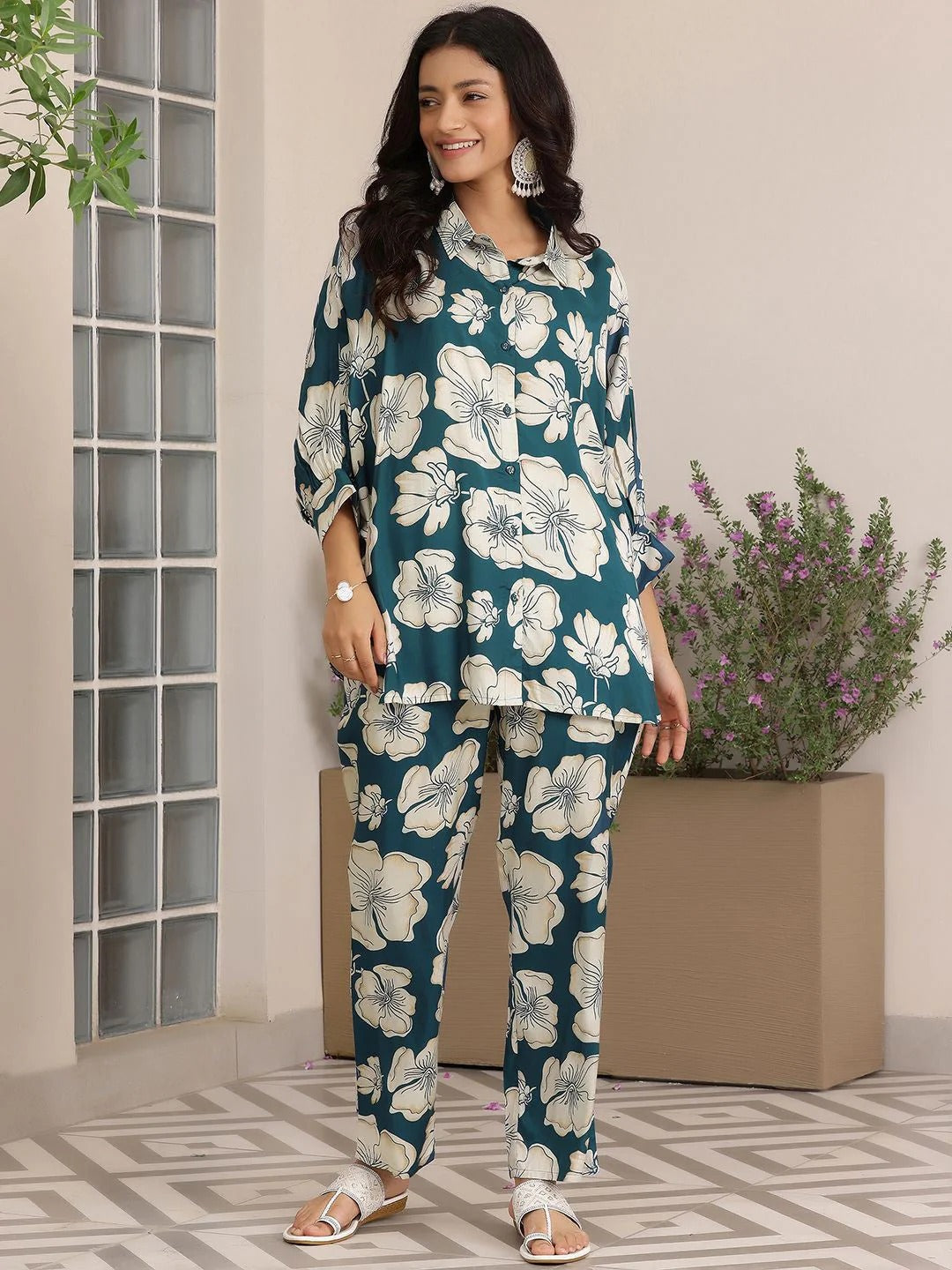 Floral Printed Kimono Sleeves Shirt With Trousers