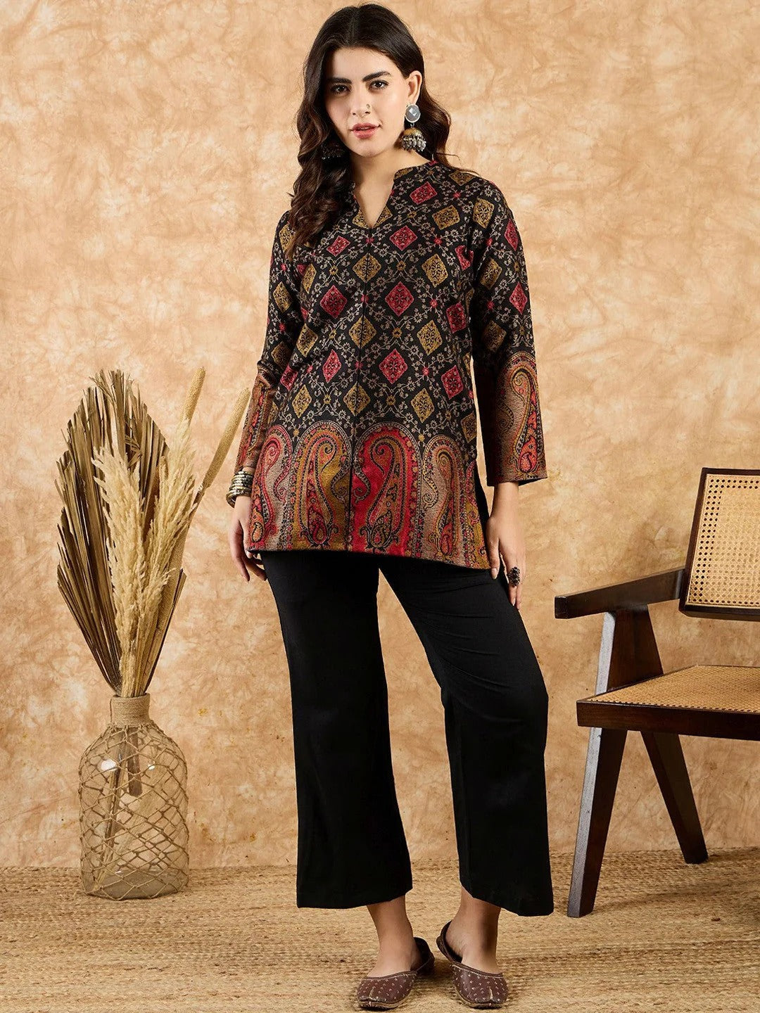 Mandarin Collar Self Design Top with Trouser