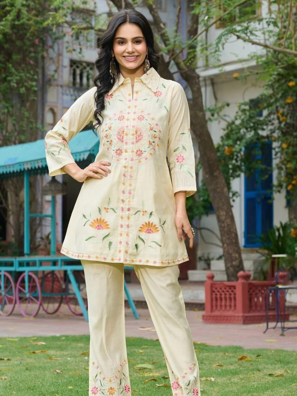 Embroidered Cream Co-Ord Set In Roman Silk