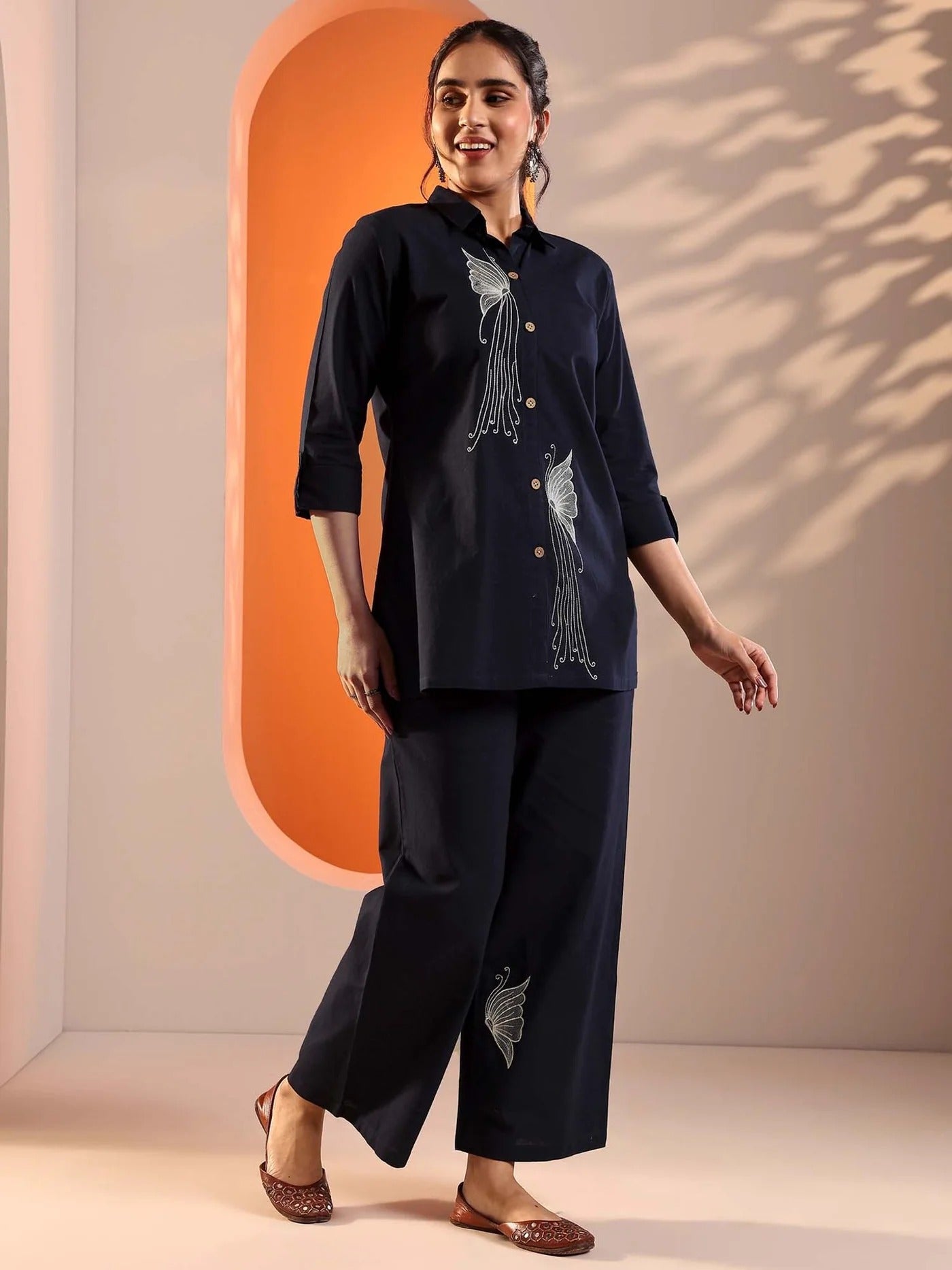 Navy Floral Embroidered Tunic with Floral Hem Embroidered Trouser