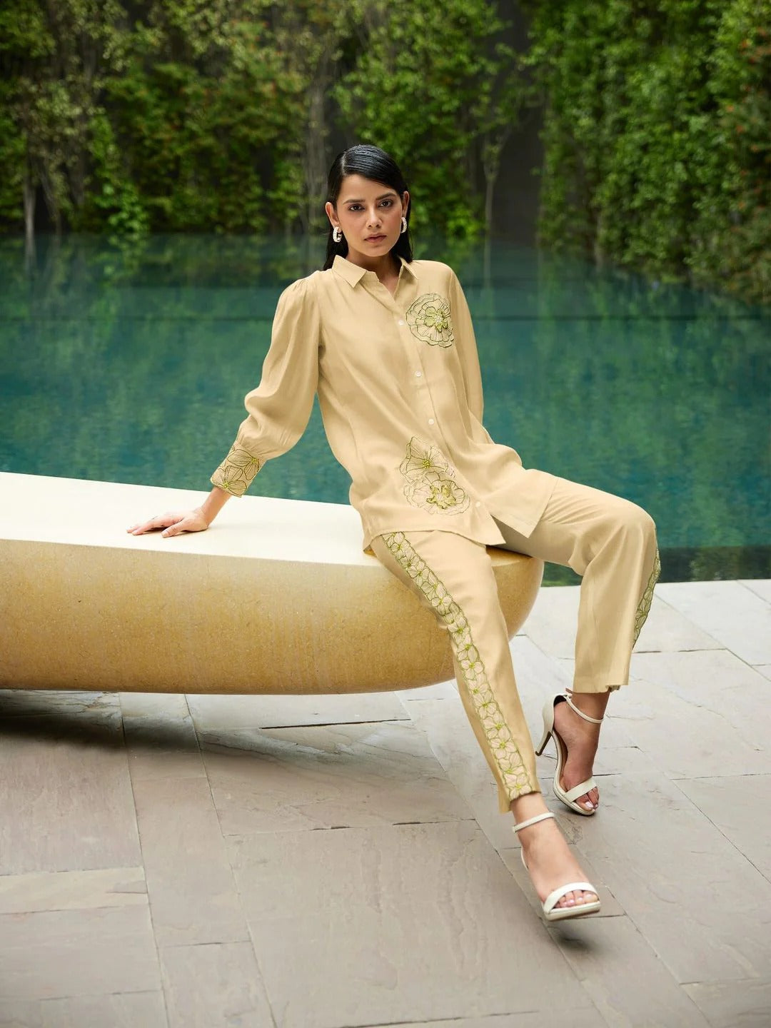 Kiaa- Beige Embroidered- Sequined Co-ord (Set of 2)