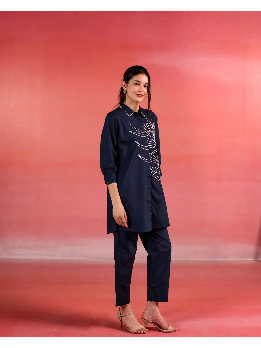 Navy Blue Embroidered Blue Poplin Co-Ord (Set of 2)