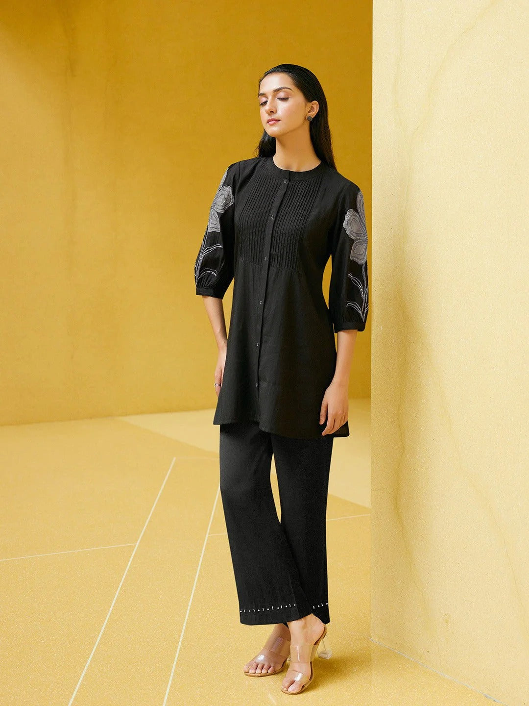 Floral Embroidered Pintucks Band Collar Top And Trouser