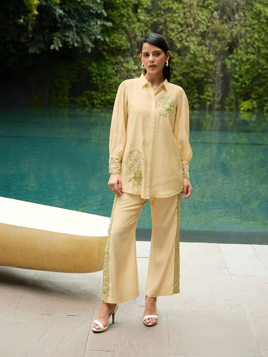 Kiaa- Beige Embroidered- Sequined Co-ord (Set of 2)