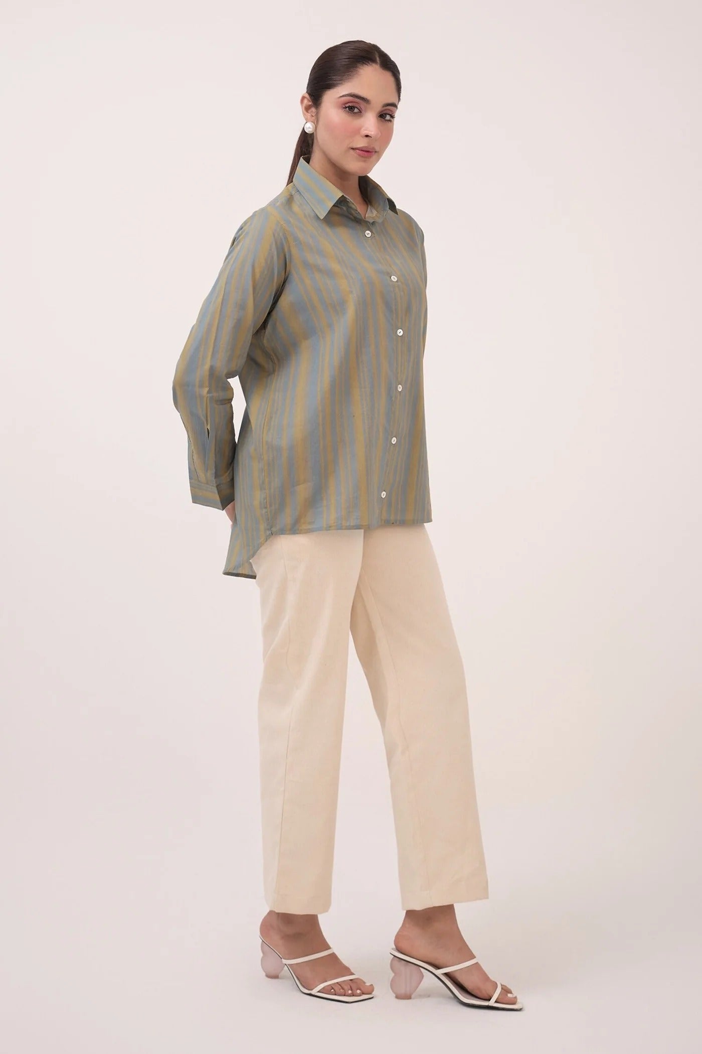 Blue Cotton Collared Striped Shirt And Pant Set