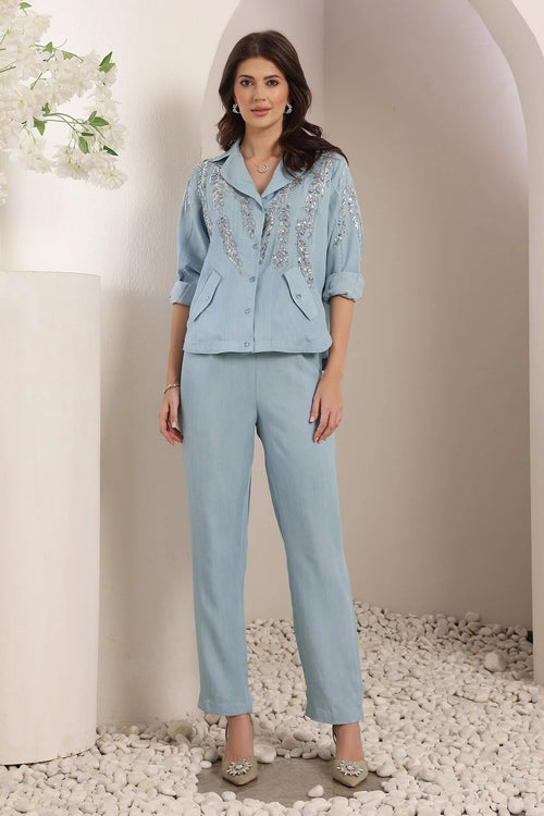 Blue Embroidery, Sequins Collared Mirage Chambray Co-ord Set