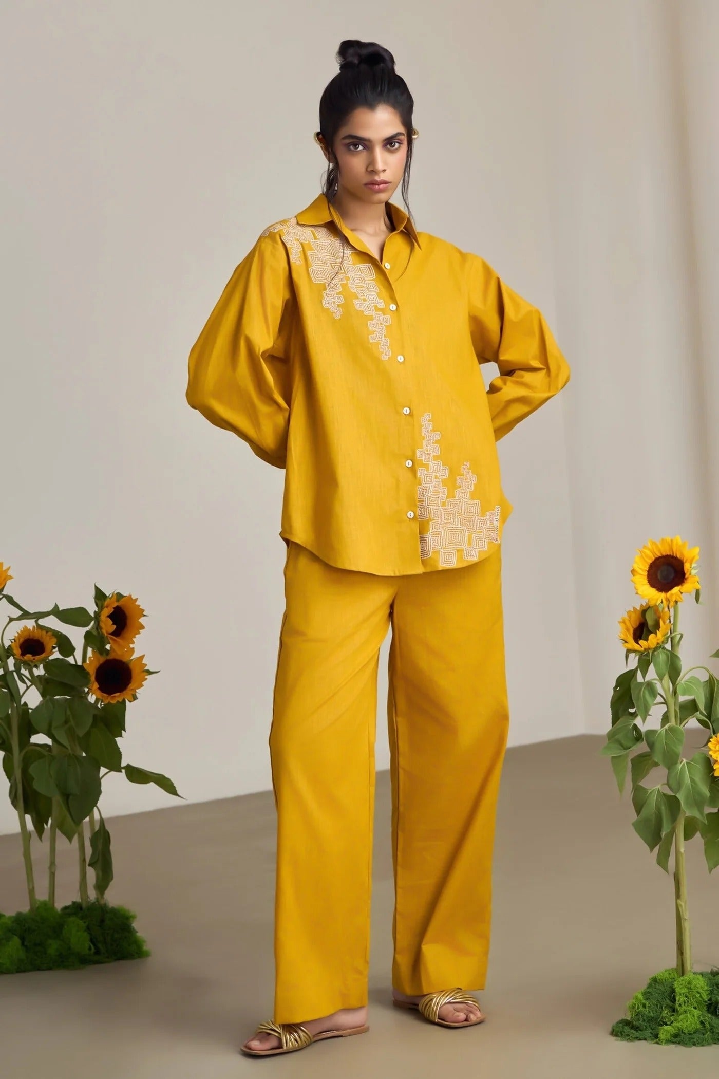 Mustard Cotton, Linen Embroidery Collared Pant Set