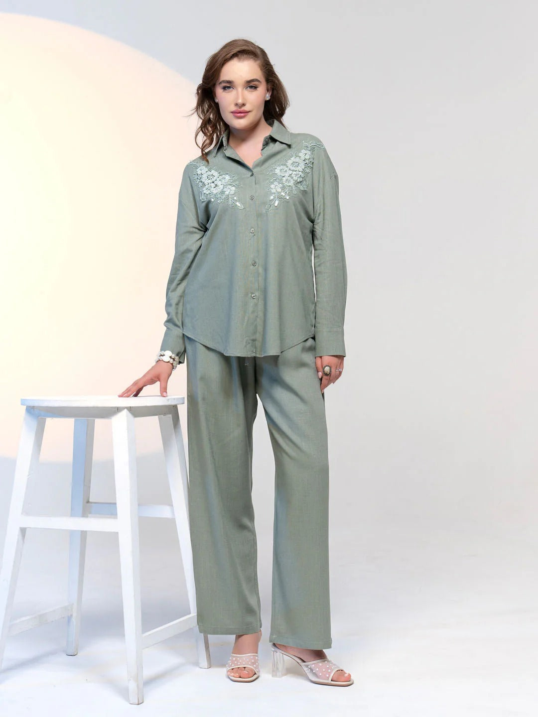 Olive Green Embroidered Co-Ord (Set of 2)
