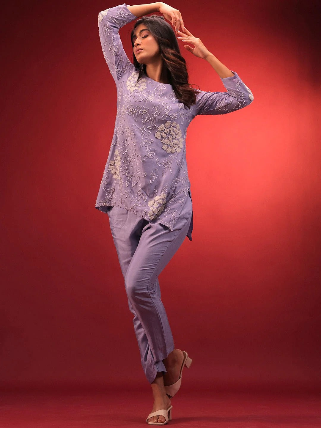 Embroidered Round Neck Top with Trousers Co-Ords