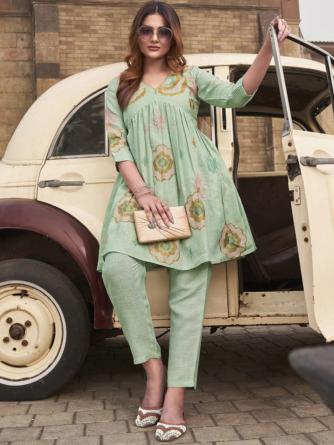 Floral Embroidered V Neck linen Tunic With Trousers