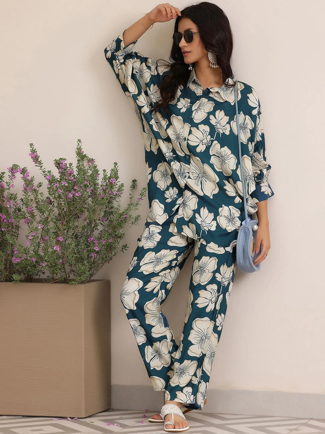 Floral Printed Kimono Sleeves Shirt With Trousers